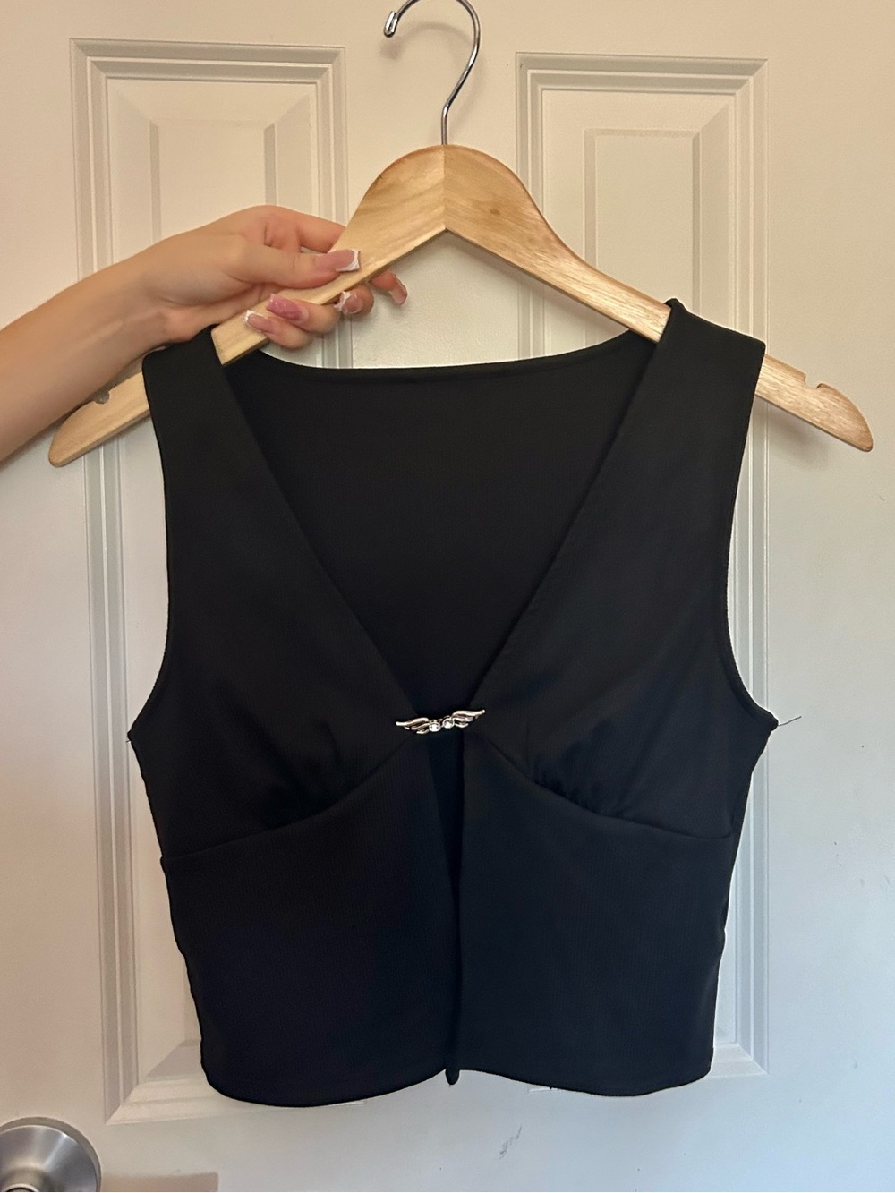 Black V-Neck Sleeveless top with Decorative Clasp